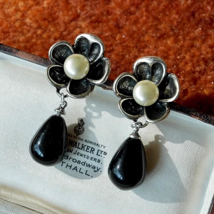 "Hua Mo" original retro black agate pendant earrings niche art high-end silver-plated distressed ear clips