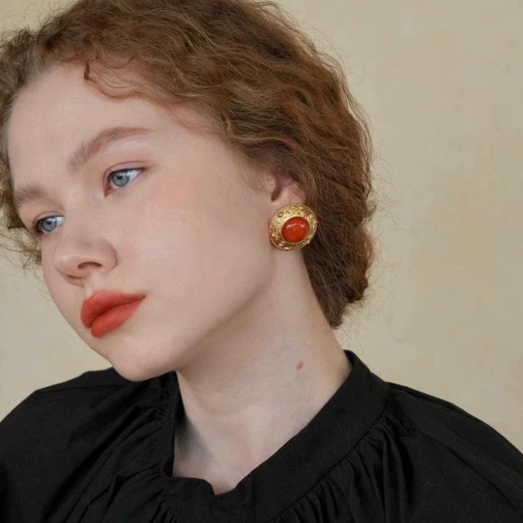 "Good Persimmon" vintage retro red earrings gorgeous relief new Chinese style New Year atmosphere ear clips