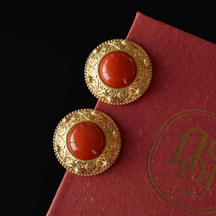 "Good Persimmon" vintage retro red earrings gorgeous relief new Chinese style New Year atmosphere ear clips