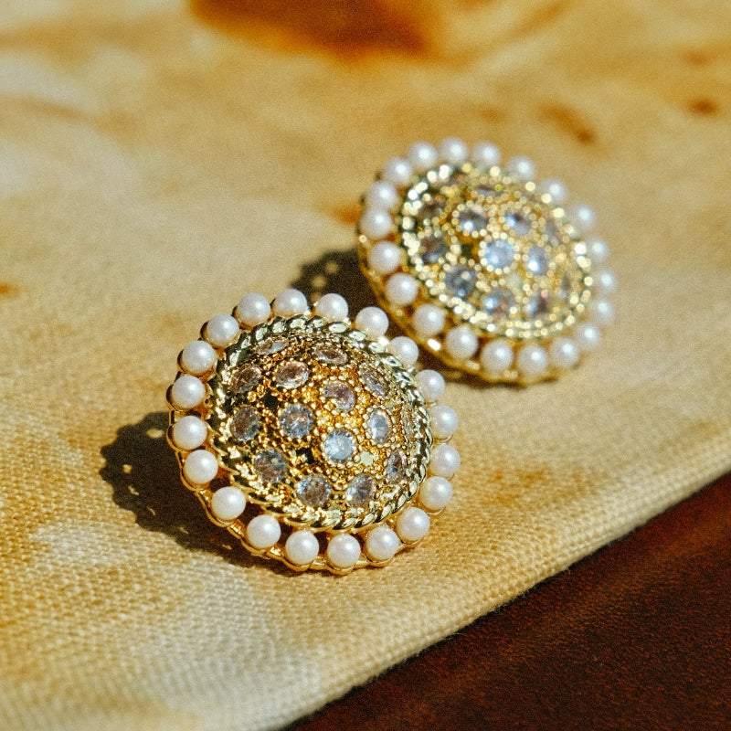 "Hera" vintage retro pearl wax inlaid zircon round earrings, small fragrance style gentle light luxury earrings