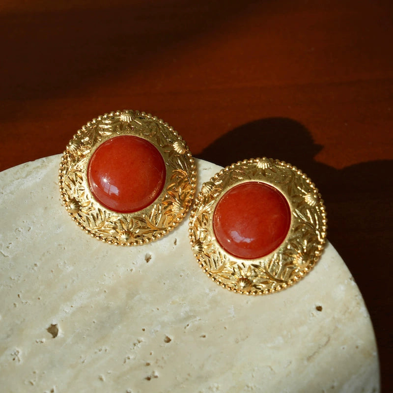 "Good Persimmon" vintage retro red earrings gorgeous relief new Chinese style New Year atmosphere ear clips