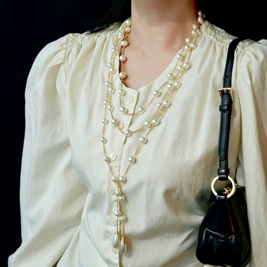 "Muse of the Show" Xiangjia 90s Glass Pearl Long Necklace Floral Style Super Long Sweater Chain Open Without Buckle