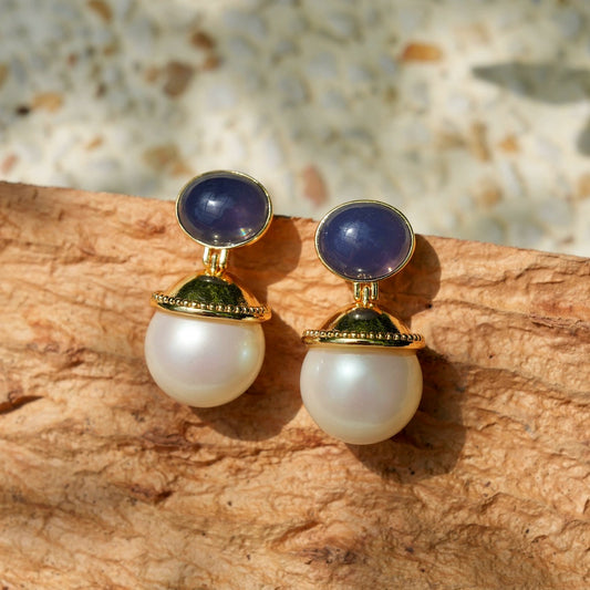 "Swan Castle" French style retro large pearl pendant earrings Royal blue elegant temperament light luxury palace