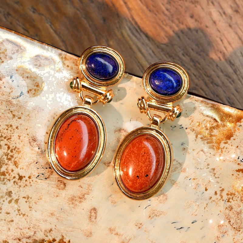 "Hebi" original retro lapis lazuli red stone pendant earrings natural gemstone new Chinese style unique meaning good