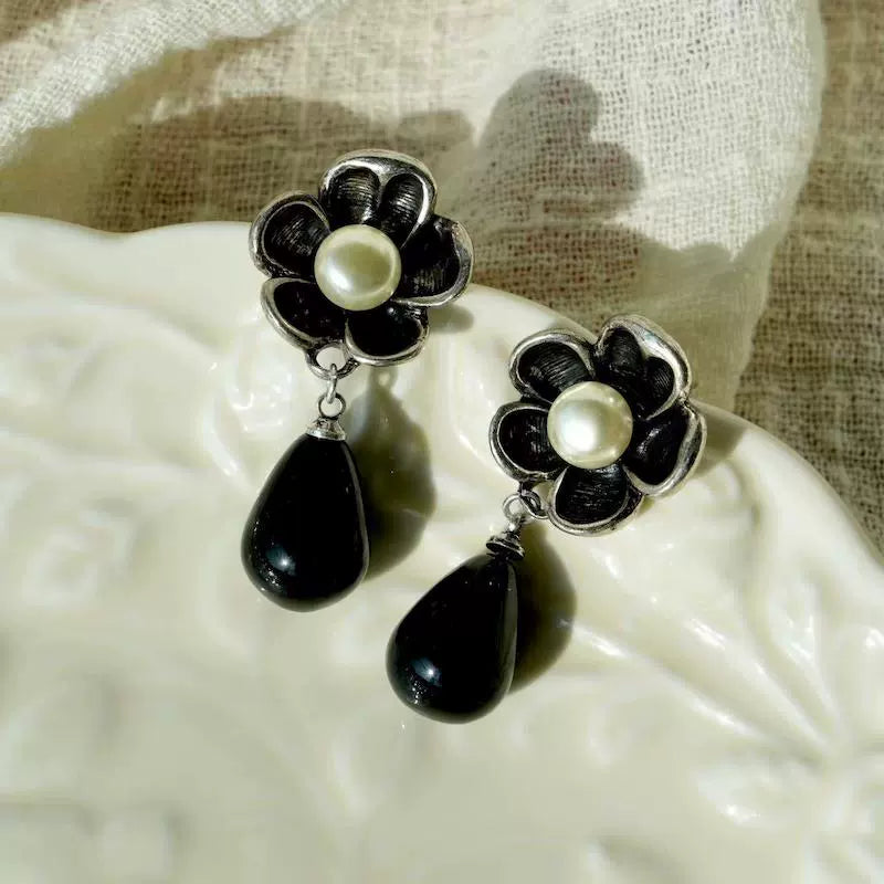 "Hua Mo" original retro black agate pendant earrings niche art high-end silver-plated distressed ear clips