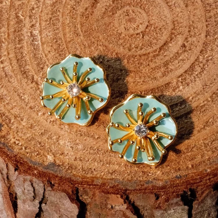 "Celadon Lotus" original sky blue handmade enamel earrings Mint Mambo summer lotus new Chinese ear clip