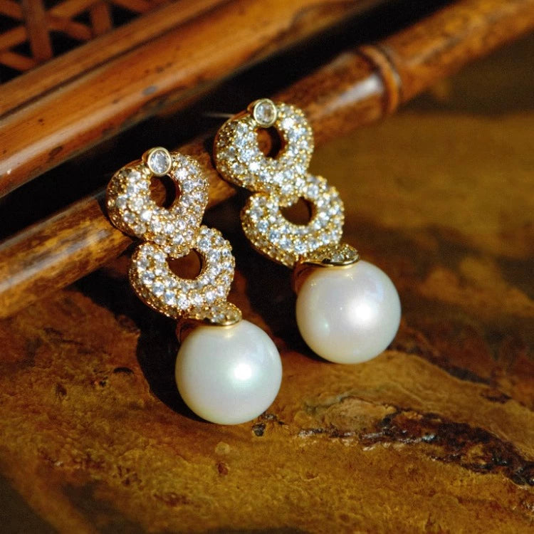 Antique line "Queen" antique jewelry replica pearl pendant earrings, full of zircon gorgeous heavy ear clips