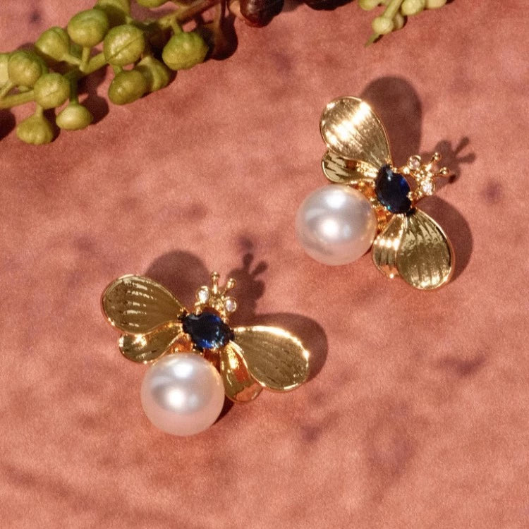 Light jewelry line "Melicius" bee pearl earrings sapphire spring and summer light luxury all-match non-pierced ear clips