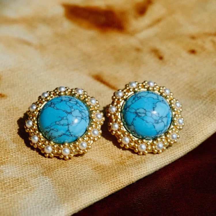 Light jewelry line "Wishing Well" medieval style turquoise round earrings pearl palace high-grade blue atmosphere ear clips