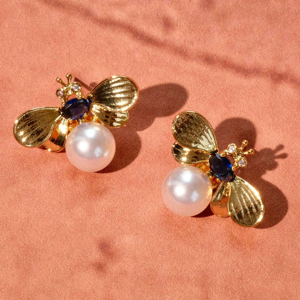 Light jewelry line "Melicius" bee pearl earrings sapphire spring and summer light luxury all-match non-pierced ear clips