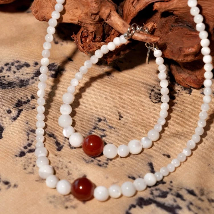 "Xia Yulu" New Chinese Red Agate Jade Shell Bead Bracelet Necklace National Style Zen Oriental Ancient Charm Set