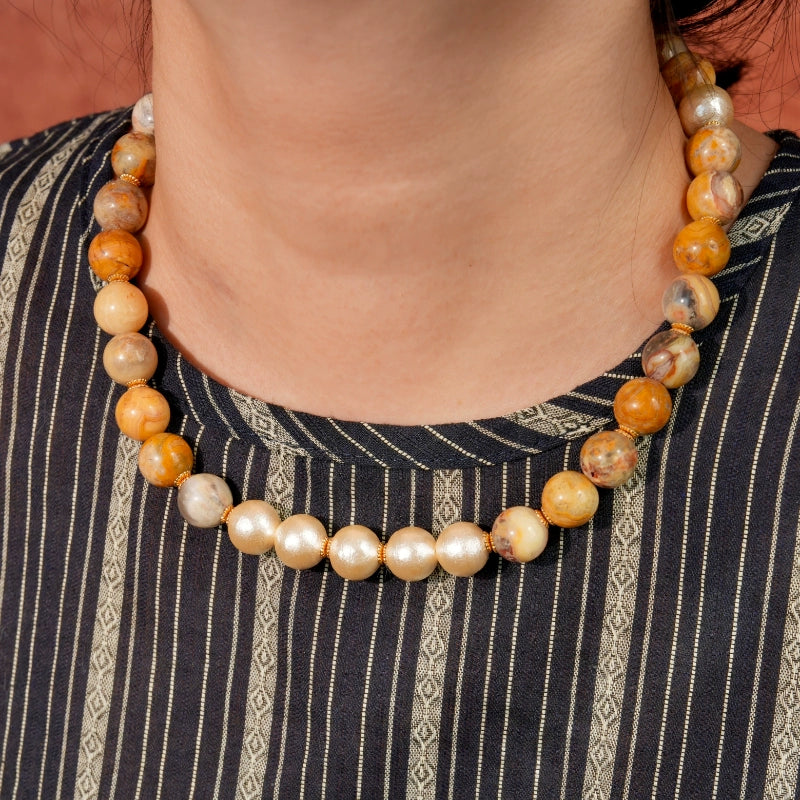 "Matera Stone City" retro design crazy agate cotton pearl necklace earth color autumn and winter style adjustable