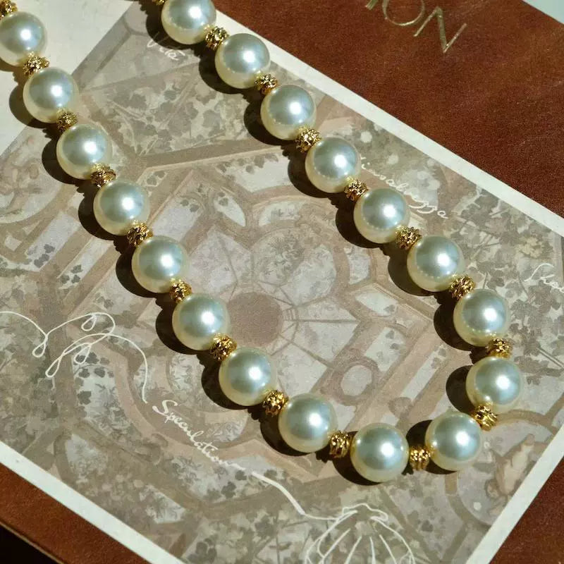 Buckingham Palace original medieval style gold ball glass pearl necklace 12mm beige retro clavicle chain