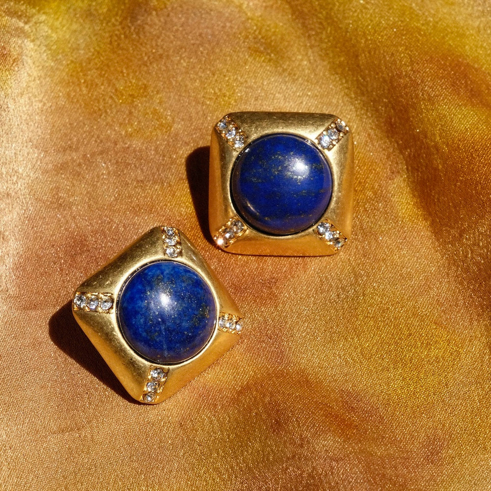 "Chefchaouen" original medieval style lapis lazuli earrings handmade geometric design micro-inlaid zircon distressed