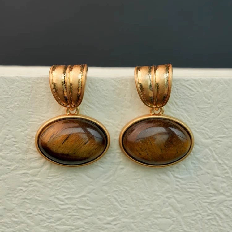 "Treasures of the Western Regions" Retro Tiger Eye Stone Pendant Earrings Natural Stone Natural Energy Dragon Year Earrings Ear Clips