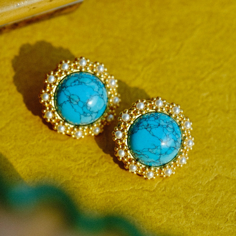 Light jewelry line "Wishing Well" medieval style turquoise round earrings pearl palace high-grade blue atmosphere ear clips