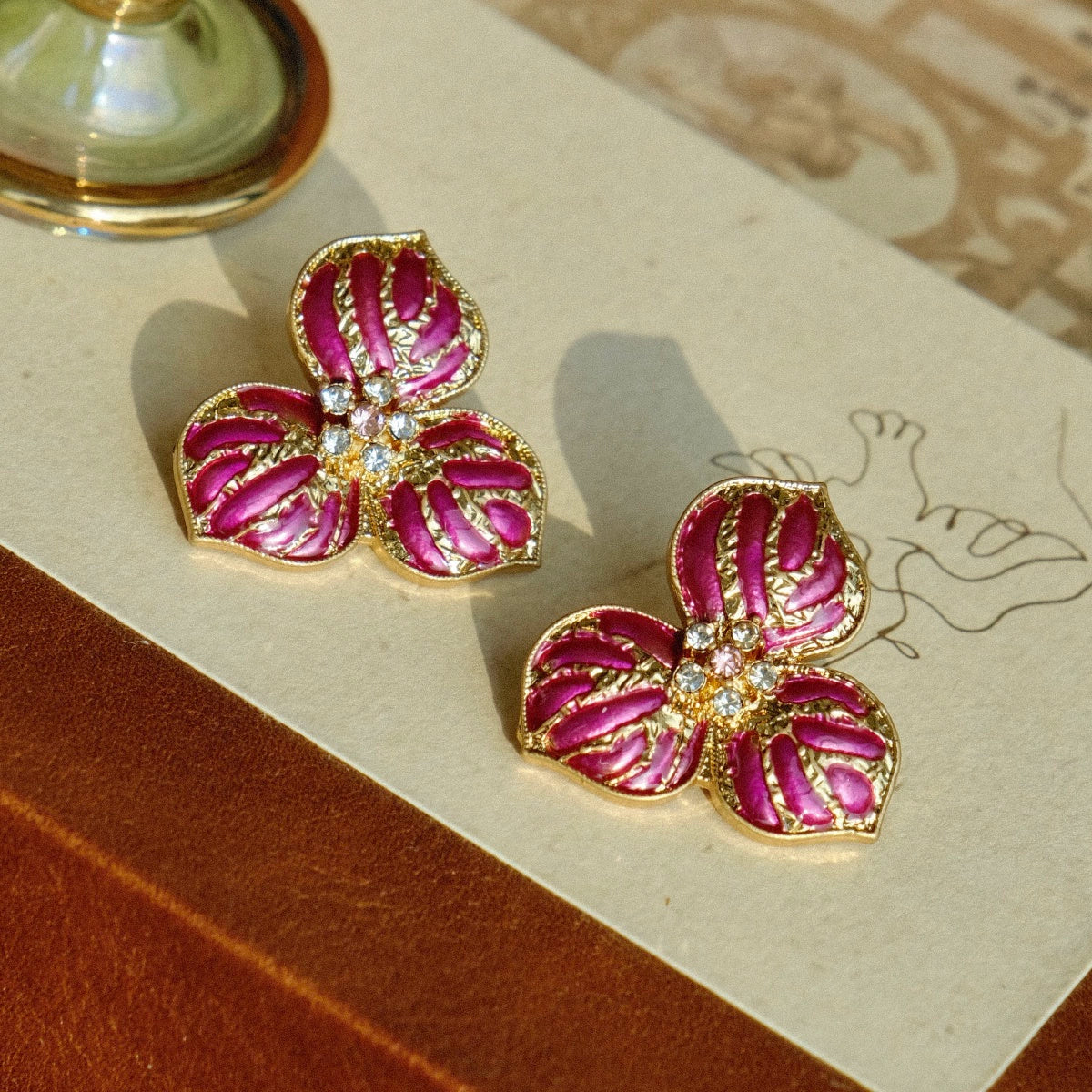 "Orchid" Di@r classic replica French retro handmade enamel flower earrings Rose red New Year gift