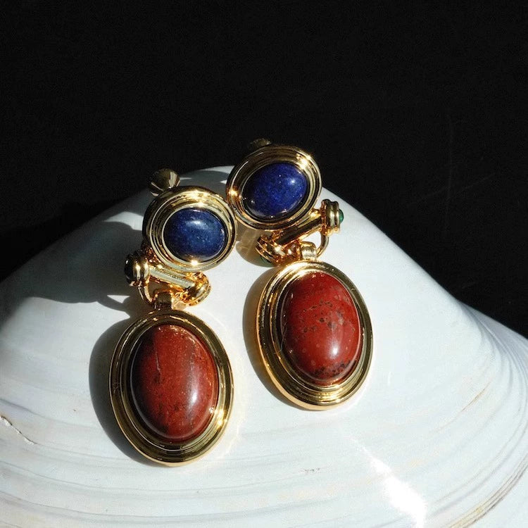 "Hebi" original retro lapis lazuli red stone pendant earrings natural gemstone new Chinese style unique meaning good