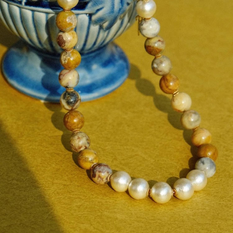 "Matera Stone City" retro design crazy agate cotton pearl necklace earth color autumn and winter style adjustable