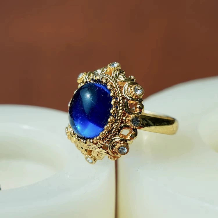 "Josephine" vintage blue glass ring, palace style relief gold-plated opening adjustable