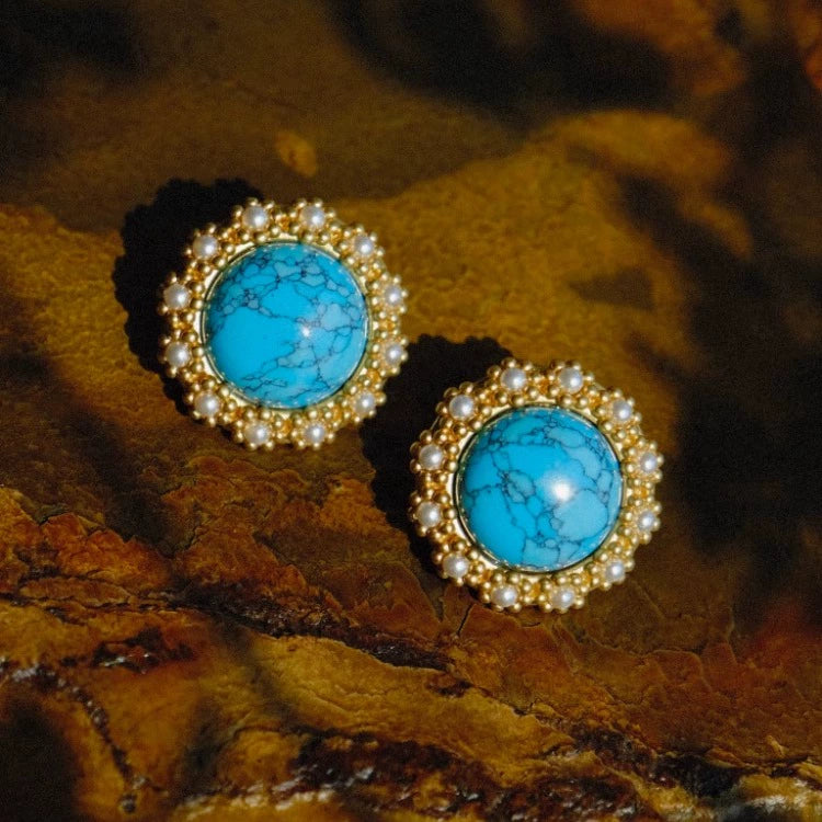 Light jewelry line "Wishing Well" medieval style turquoise round earrings pearl palace high-grade blue atmosphere ear clips