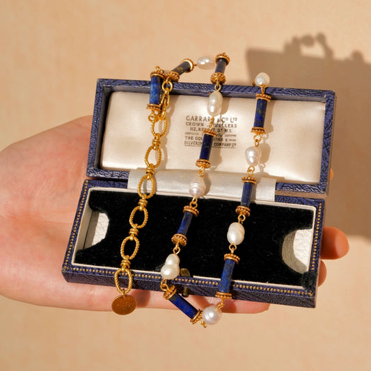 Light Jewelry Line "Queen Anne" Museum Lapis Lazuli Natural Pearl Bamboo Ancient Gold Retro Necklace