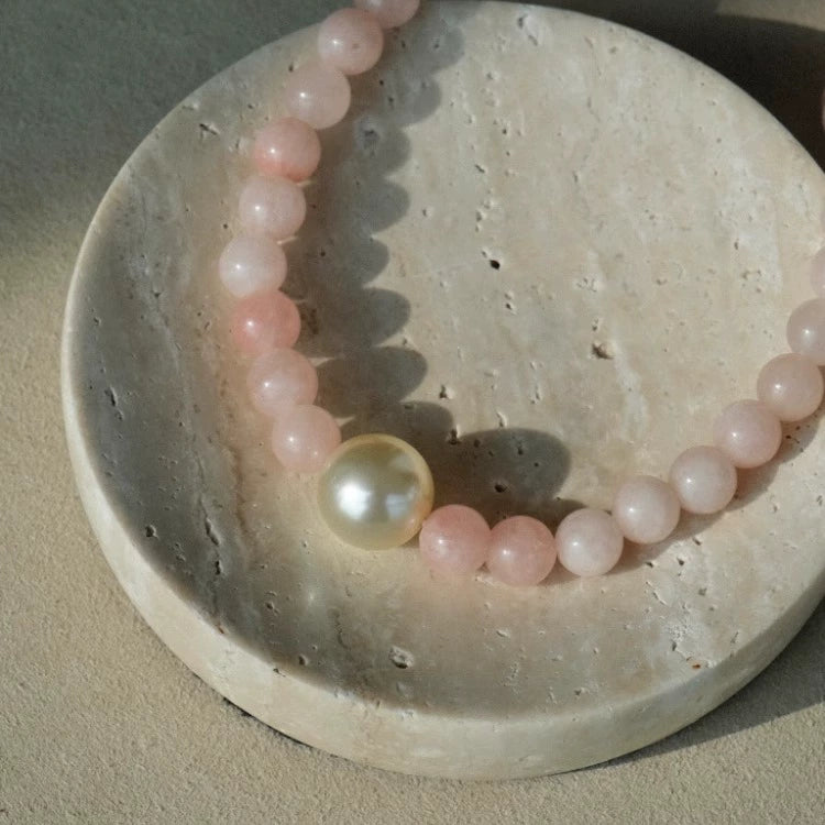 "White Peach Jasmine" original handmade natural pink crystal glass pearl necklace peach stone gift new Chinese style