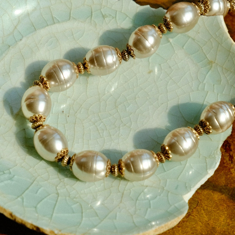 "Cordoba" retro old thread glass pearl necklace champagne gold high-grade pearl necklace autumn and winter