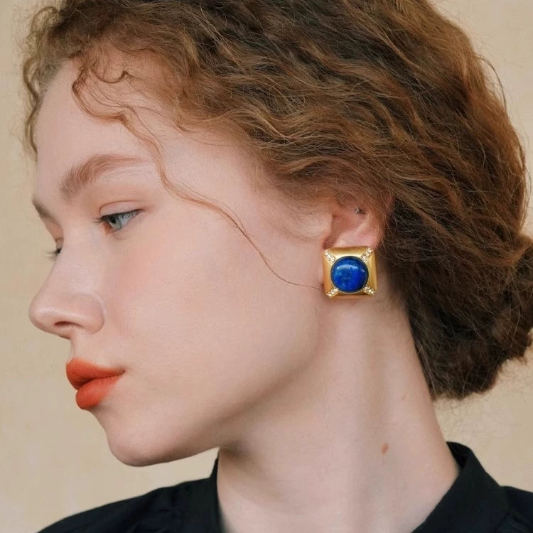 "Chefchaouen" original medieval style lapis lazuli earrings handmade geometric design micro-inlaid zircon distressed