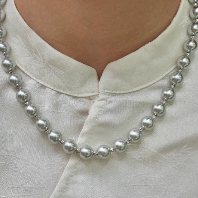 "Silver Light" French medieval style, hemp gray color, glass pearl necklace, silver beads, small interval, adjustable