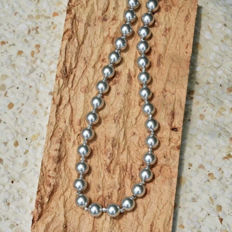 "Silver Light" French medieval style, hemp gray color, glass pearl necklace, silver beads, small interval, adjustable