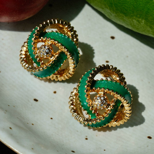 "Green Ivy" vintage retro French earrings three-dimensional winding design hand-made enamel micro-inlaid niche ear clip