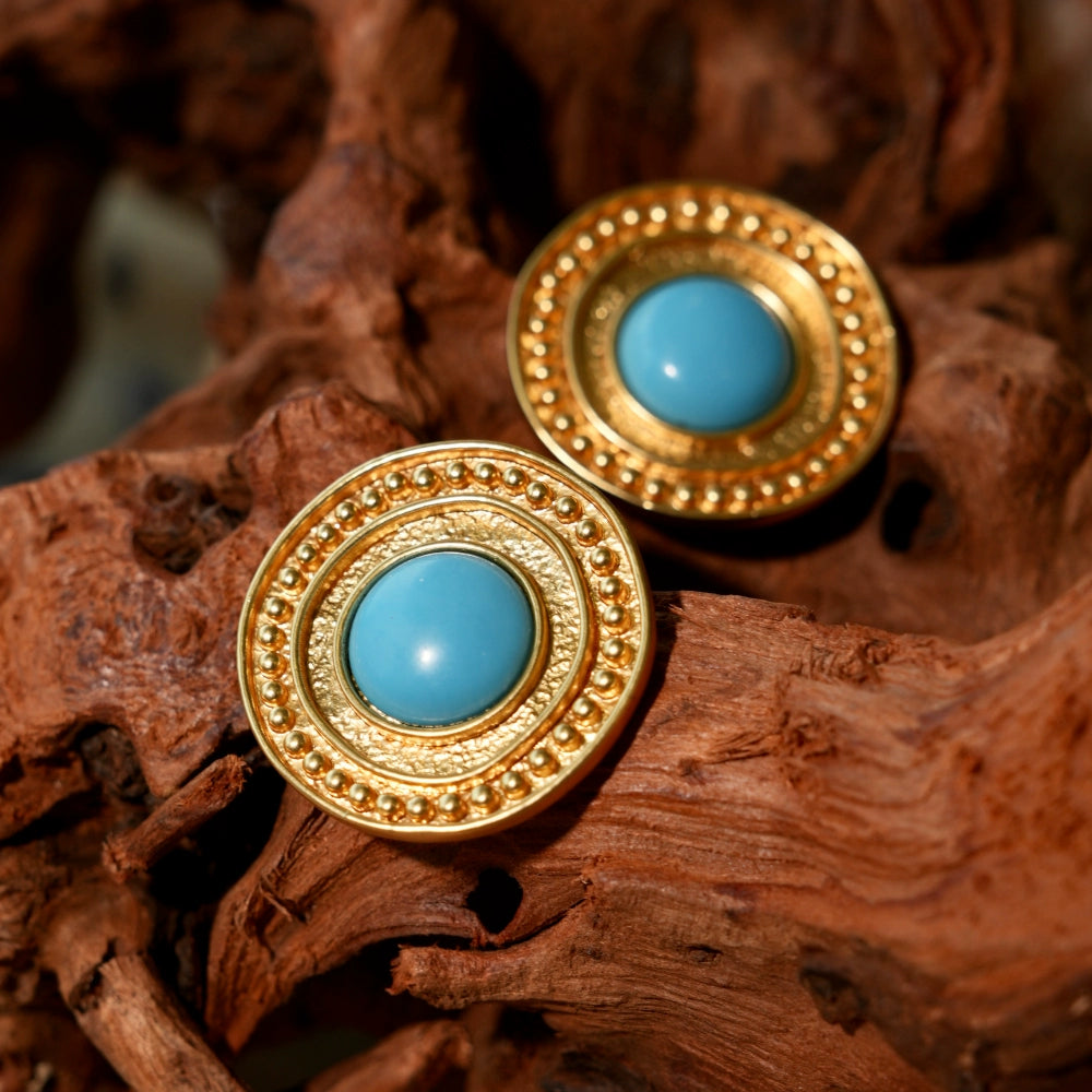 "Source of Civilization" Medieval design turquoise irregular round earrings fog gold high-end exotic style earrings