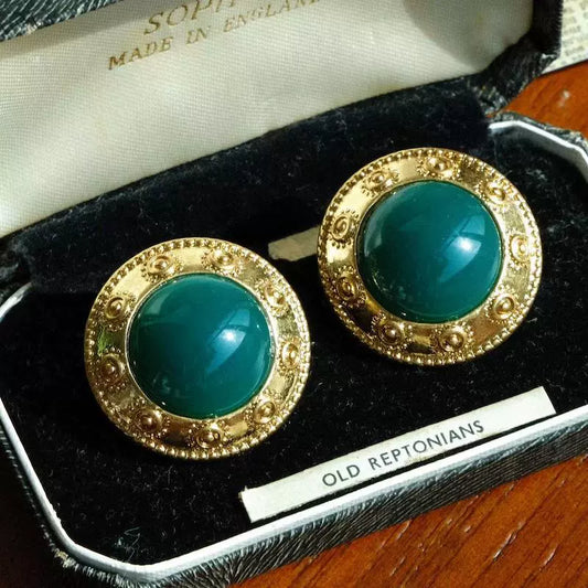 "Chunshan Jade Plate" original retro handmade disc earrings emerald new Chinese style national style wear literary temperament