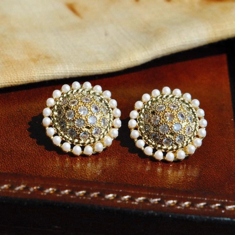 "Hera" vintage retro pearl wax inlaid zircon round earrings, small fragrance style gentle light luxury earrings