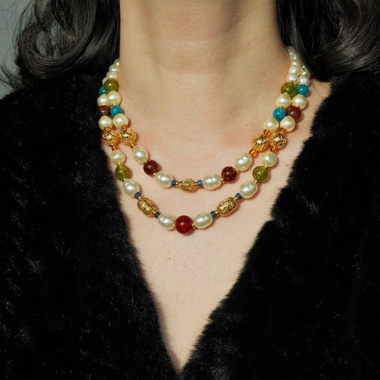 "Saint Basil" retro colored double-layer glass pearl necklace Russian aesthetic gold ball clavicle chain with flowers