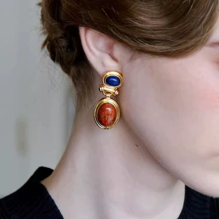 "Hebi" original retro lapis lazuli red stone pendant earrings natural gemstone new Chinese style unique meaning good