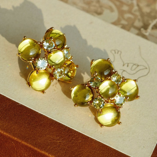 "Belle" vintage medieval style light yellow glass flower earrings elegant court temperament spiral ear clips