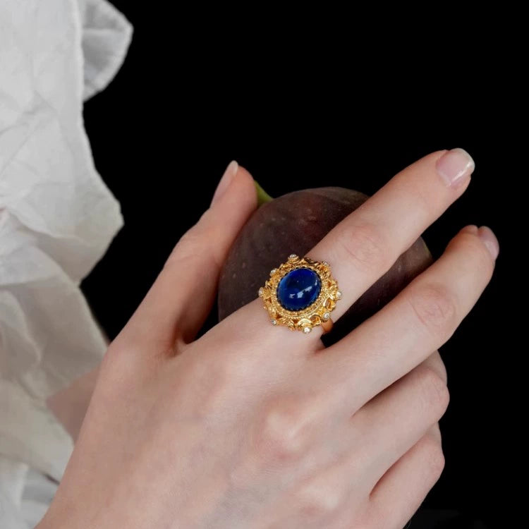 "Josephine" vintage blue glass ring, palace style relief gold-plated opening adjustable