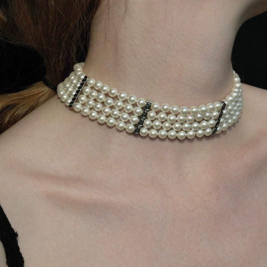 "Swan Lake" Hepburn retro multi-layer glass pearl necklace necklace platinum-plated zircon choker