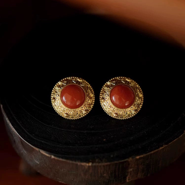 "Good Persimmon" vintage retro red earrings gorgeous relief new Chinese style New Year atmosphere ear clips