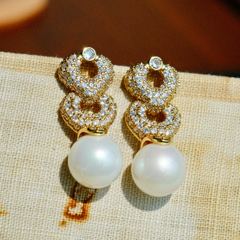 Antique line "Queen" antique jewelry replica pearl pendant earrings, full of zircon gorgeous heavy ear clips