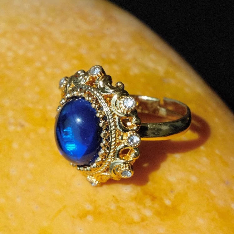 "Josephine" vintage blue glass ring, palace style relief gold-plated opening adjustable