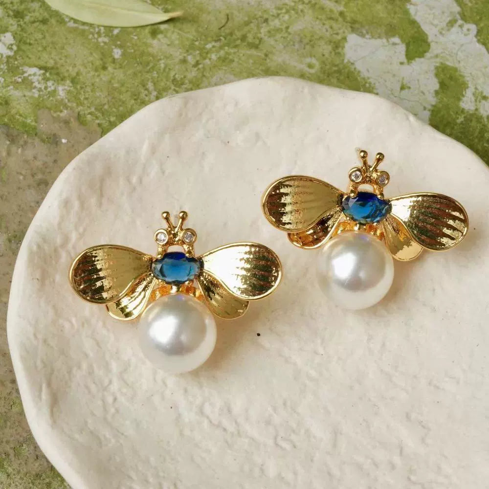 Light jewelry line "Melicius" bee pearl earrings sapphire spring and summer light luxury all-match non-pierced ear clips