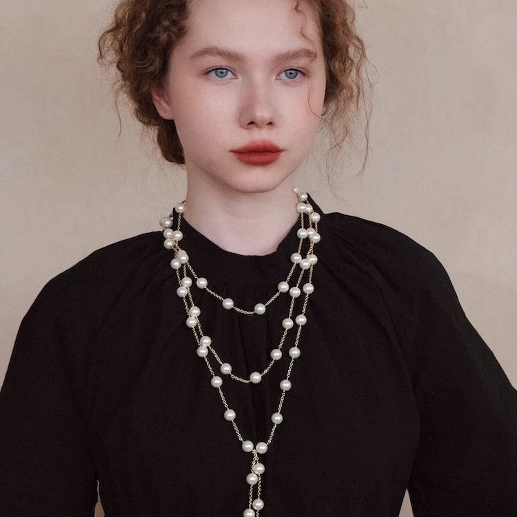 "Muse of the Show" Xiangjia 90s Glass Pearl Long Necklace Floral Style Super Long Sweater Chain Open Without Buckle