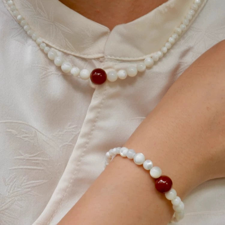 "Xia Yulu" New Chinese Red Agate Jade Shell Bead Bracelet Necklace National Style Zen Oriental Ancient Charm Set