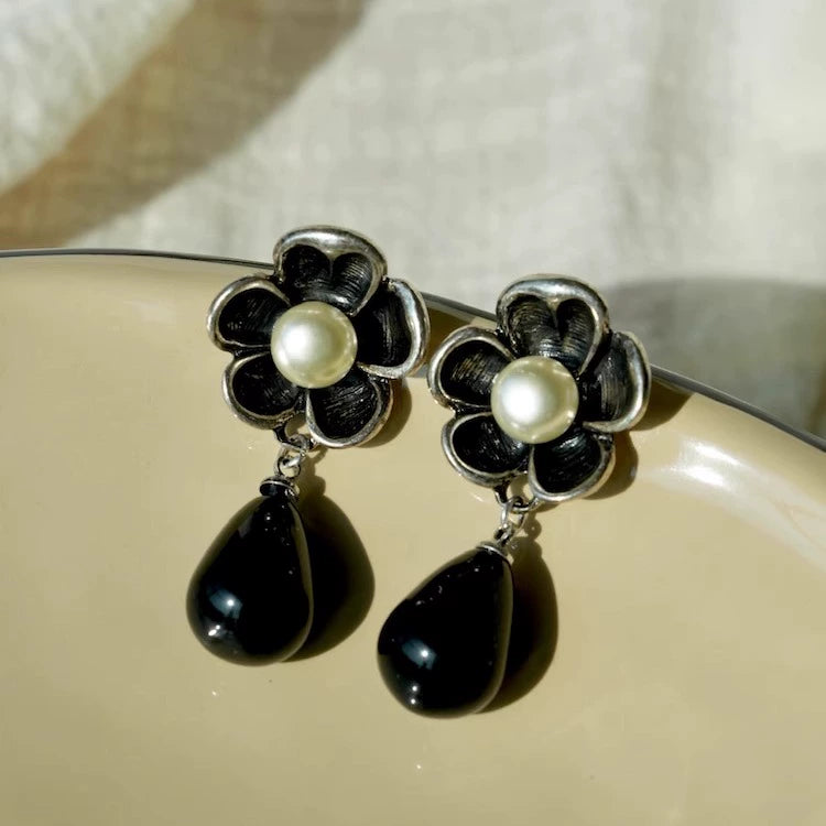 "Hua Mo" original retro black agate pendant earrings niche art high-end silver-plated distressed ear clips