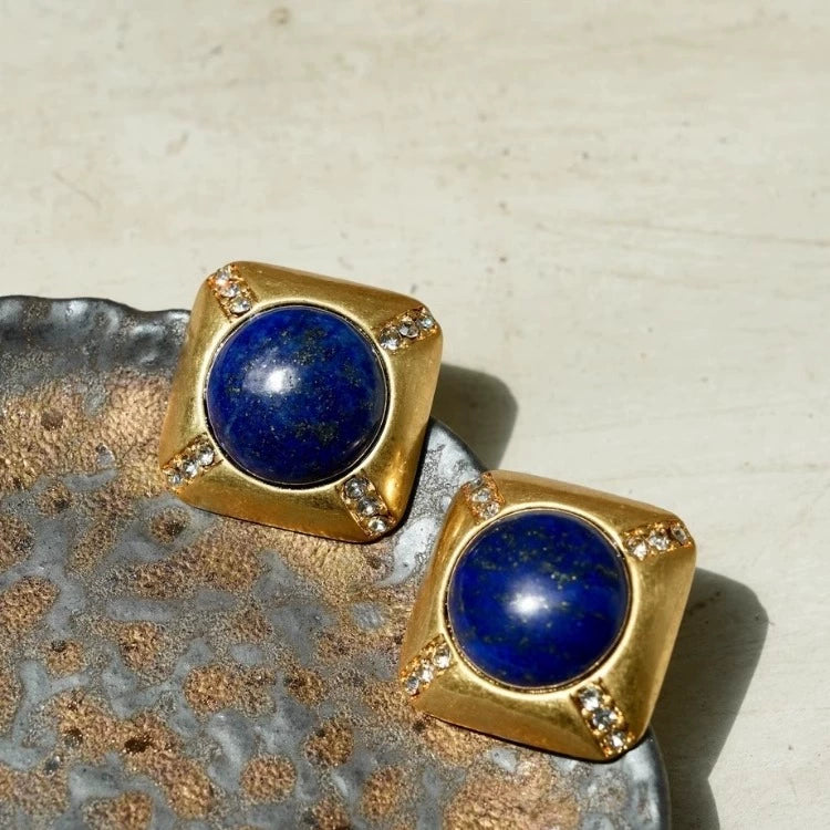 "Chefchaouen" original medieval style lapis lazuli earrings handmade geometric design micro-inlaid zircon distressed