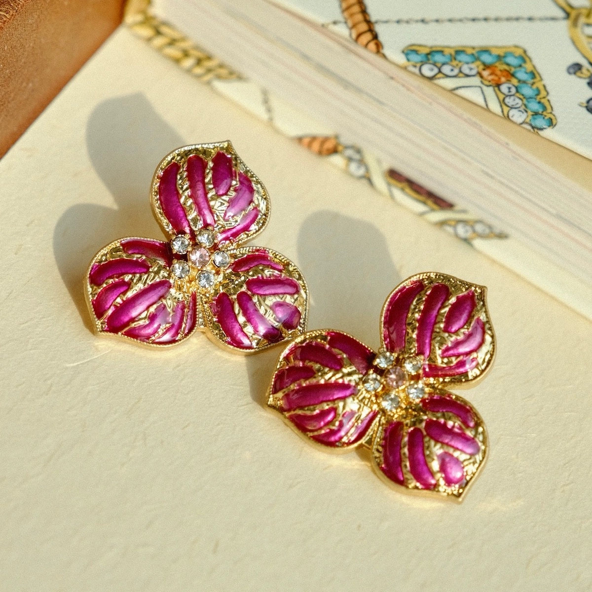 "Orchid" Di@r classic replica French retro handmade enamel flower earrings Rose red New Year gift