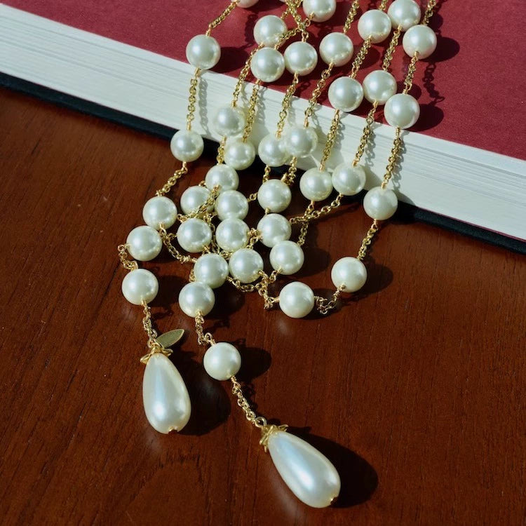 "Muse of the Show" Xiangjia 90s Glass Pearl Long Necklace Floral Style Super Long Sweater Chain Open Without Buckle